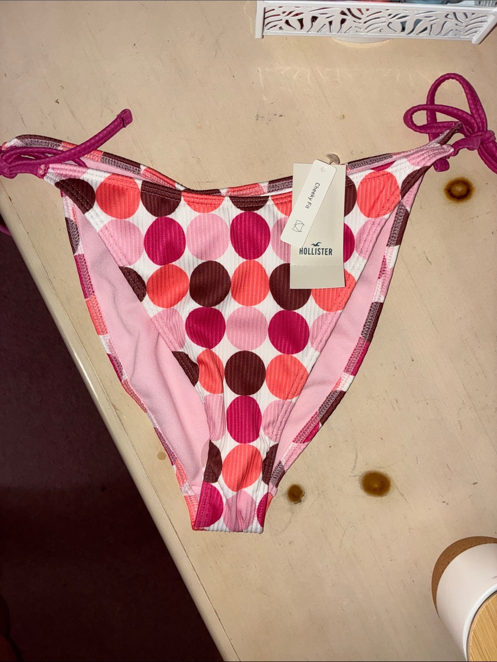Hollister Pink, Magenta & Brown Polka Dot Tie-Side Bikini Bottom